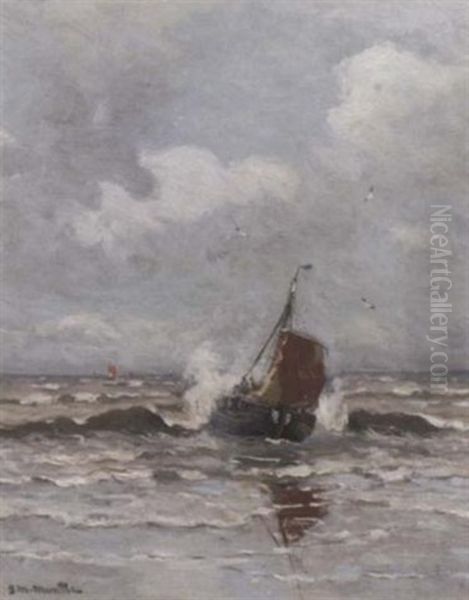 A Bomschuit In The Surf By Katwijk Oil Painting by Gerhard Arij Ludwig Morgenstjerne Munthe