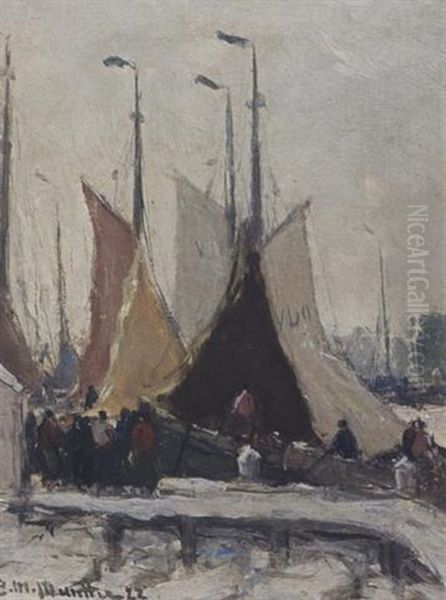 Volendam Harbour In The Snow Oil Painting by Gerhard Arij Ludwig Morgenstjerne Munthe