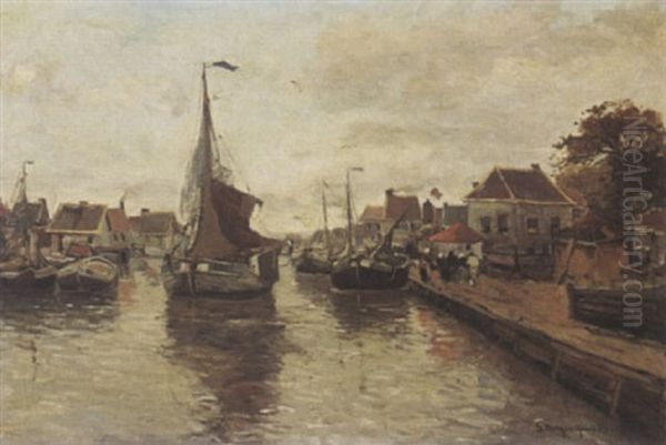 A View Of A Village With Boats In A Harbour Oil Painting by Gerhard Arij Ludwig Morgenstjerne Munthe