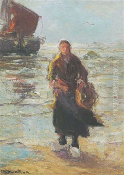 A Fisherwoman On The Beach Oil Painting by Gerhard Arij Ludwig Morgenstjerne Munthe