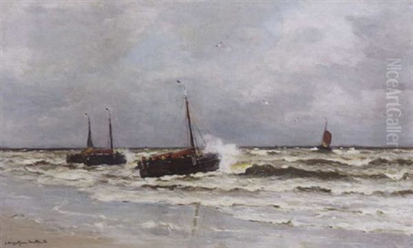 Bomschuiten With Fishermen In The Breakers, Katwijk Oil Painting by Gerhard Arij Ludwig Morgenstjerne Munthe