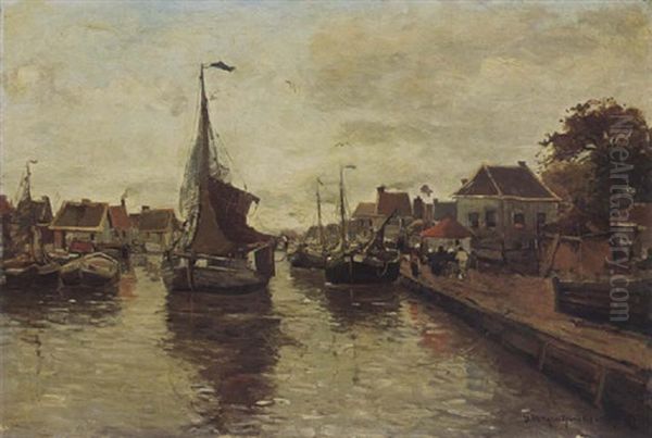 A View Of A Village With Boats In A Harbour Oil Painting by Gerhard Arij Ludwig Morgenstjerne Munthe