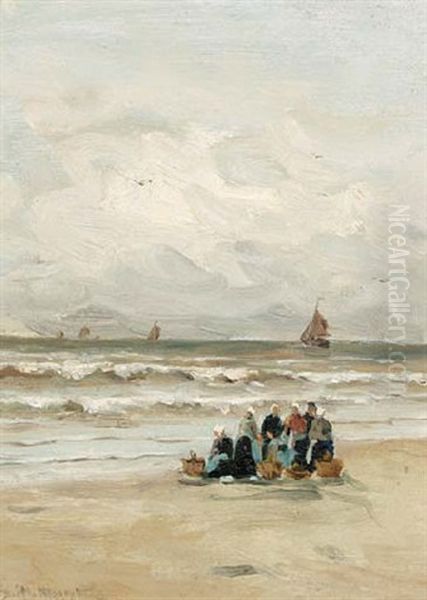 Fisherwomen On The Beach Oil Painting by Gerhard Arij Ludwig Morgenstjerne Munthe