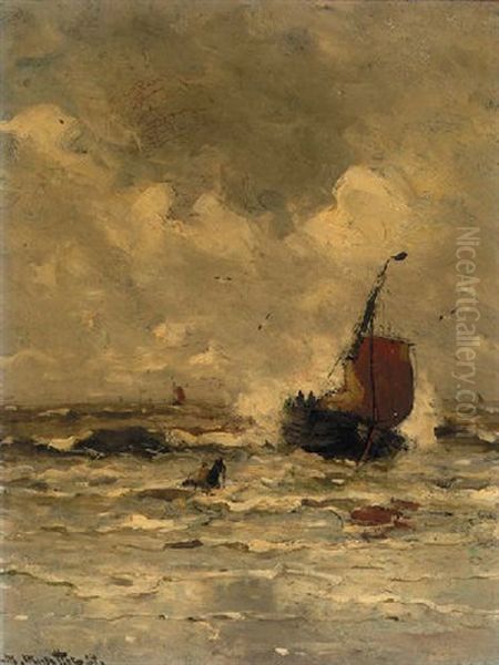 A Bomschuit In The Breakers Oil Painting by Gerhard Arij Ludwig Morgenstjerne Munthe