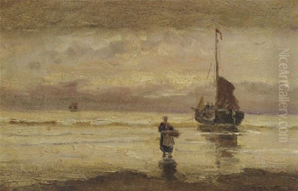 A Beached Bomschuit At Sunset Oil Painting by Gerhard Arij Ludwig Morgenstjerne Munthe