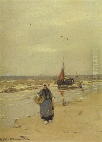 A Fisherwoman On The Beach Of Katwijk Oil Painting by Gerhard Arij Ludwig Morgenstjerne Munthe