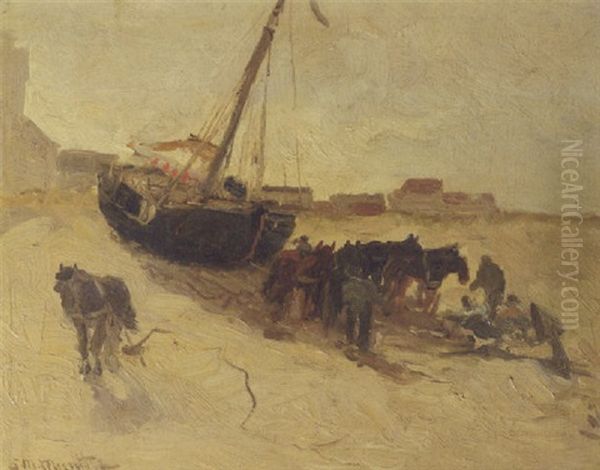 A Beach Scene With Horses And A Fishing Smack Oil Painting by Gerhard Arij Ludwig Morgenstjerne Munthe