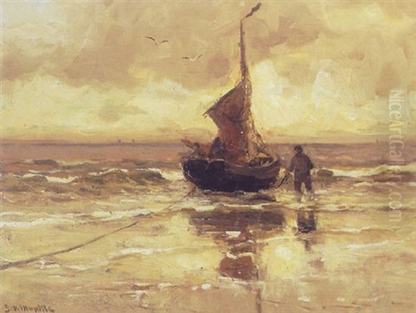 A Fisherman By His Boat On The Beach Oil Painting by Gerhard Arij Ludwig Morgenstjerne Munthe