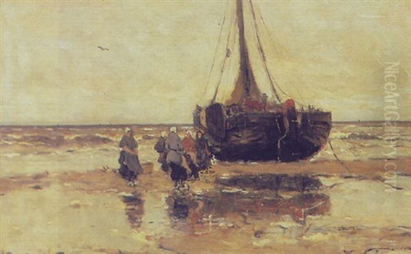 Fisherwomen By A Beached Bomschuit Oil Painting by Gerhard Arij Ludwig Morgenstjerne Munthe