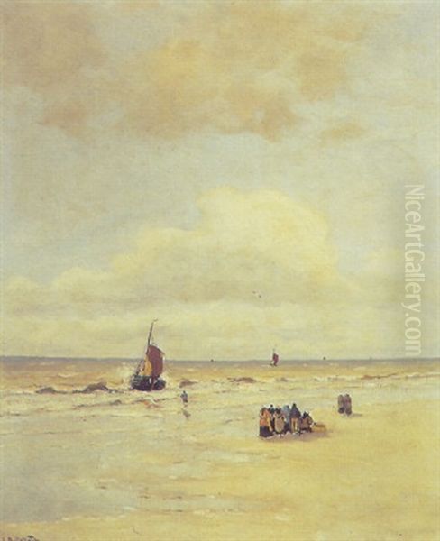 A Beachscene With A Bomschuit Coming In Oil Painting by Gerhard Arij Ludwig Morgenstjerne Munthe