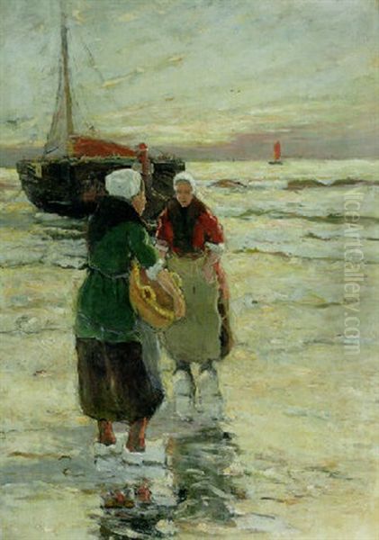 Fisherwomen Near A Bomschuit On The Beach Oil Painting by Gerhard Arij Ludwig Morgenstjerne Munthe