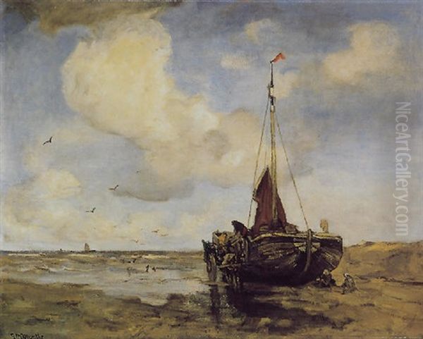 Bomschuit Op Het Strand Met Schelpenvisser Langszij Oil Painting by Gerhard Arij Ludwig Morgenstjerne Munthe