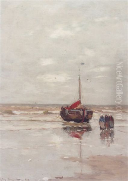 Women By A Bomschuit On The Beach Oil Painting by Gerhard Arij Ludwig Morgenstjerne Munthe