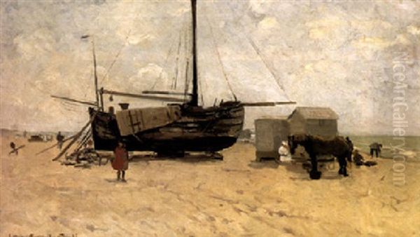 Figures By A Beached Bomschuit, Katwijk Oil Painting by Gerhard Arij Ludwig Morgenstjerne Munthe