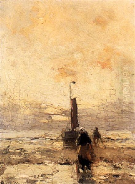 Figures On The Beach Near A Moored Bomschuit Oil Painting by Gerhard Arij Ludwig Morgenstjerne Munthe