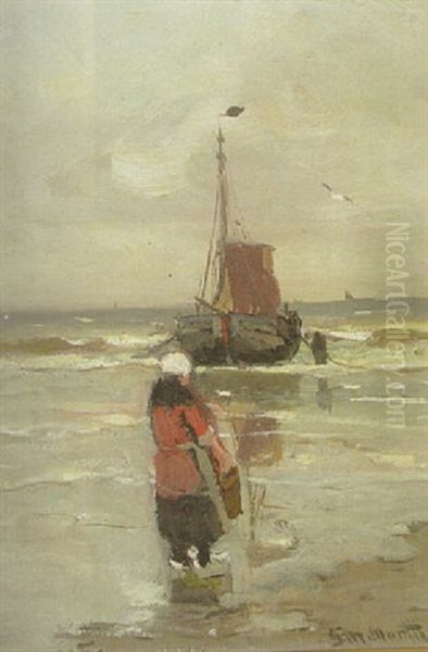 A Fisherwoman Waiting For The Day's Catch Oil Painting by Gerhard Arij Ludwig Morgenstjerne Munthe