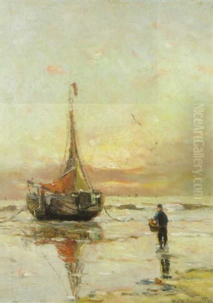 A Beached Bomschuit At Sunset Oil Painting by Gerhard Arij Ludwig Morgenstjerne Munthe