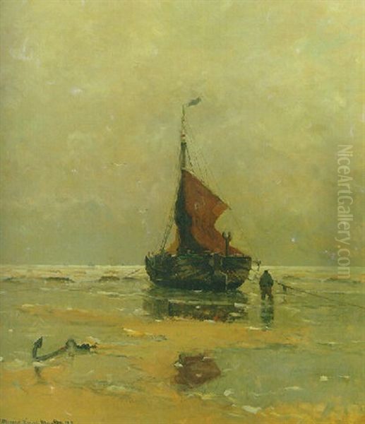 A Moored Bomschuit On The Beach Of Katwijk Oil Painting by Gerhard Arij Ludwig Morgenstjerne Munthe