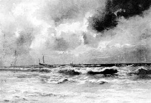 Tall Ships On The Horizon Of A Stormy Sea Oil Painting by Gerhard Arij Ludwig Morgenstjerne Munthe