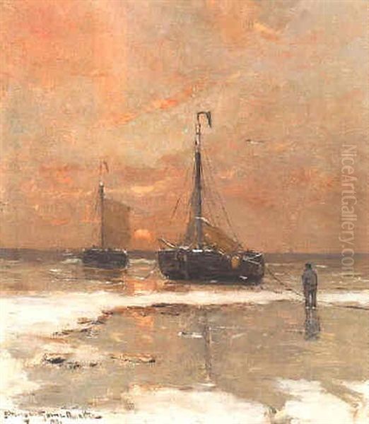 Beached Sailing Vessels At Sunset Oil Painting by Gerhard Arij Ludwig Morgenstjerne Munthe