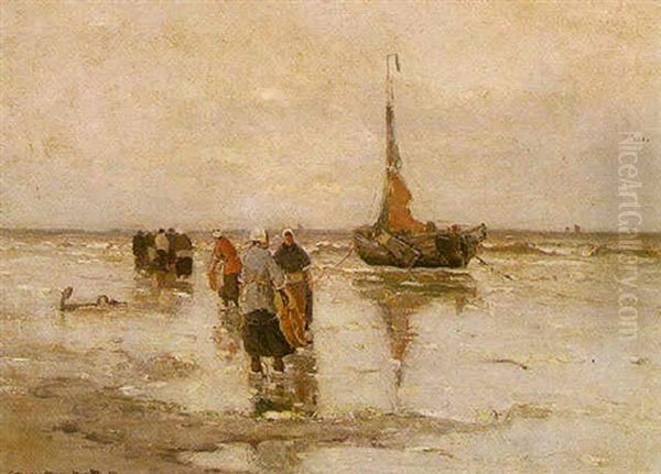 A Beach Scene With Women By A Moored Boat Oil Painting by Gerhard Arij Ludwig Morgenstjerne Munthe