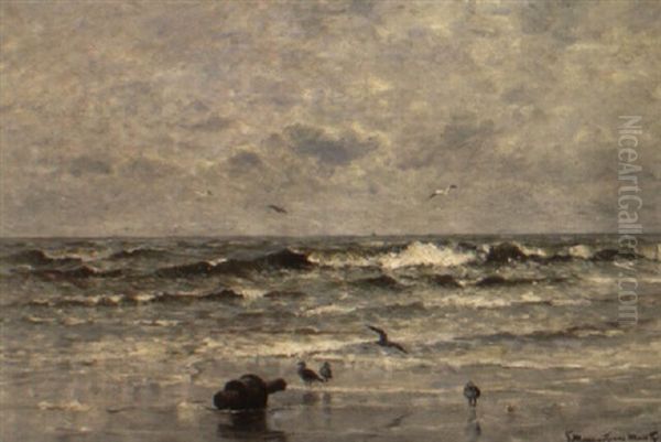 Seagulls In The Breakers Oil Painting by Gerhard Arij Ludwig Morgenstjerne Munthe