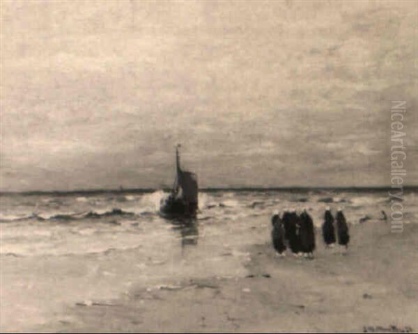 A Beach Scene With Several Fisherwomen, A Vessel At Sea In The Distance Oil Painting by Gerhard Arij Ludwig Morgenstjerne Munthe