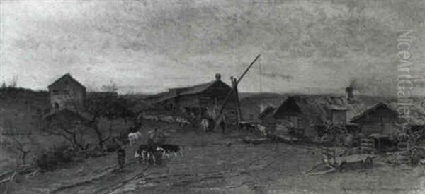 Peasants And Cattle On A Farmyard Oil Painting by Gerhard Peter Franz Vilhelm Munthe