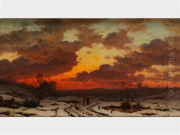 Schneelandschaft Bei Rotem Sonnenuntergang Oil Painting by Ludwig Munthe