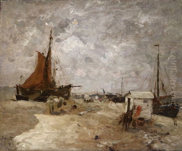 Bomschuiten And Bathing Hut On The Beach At Katwijk Oil Painting by Ludwig Munthe