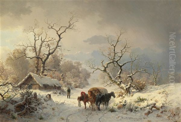 A Large Winter Landscape With Horse And Cart Oil Painting by Ludwig Munthe