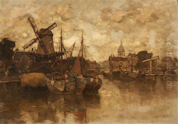 View Of A Dutch Harbor City Oil Painting by Ludwig Munthe