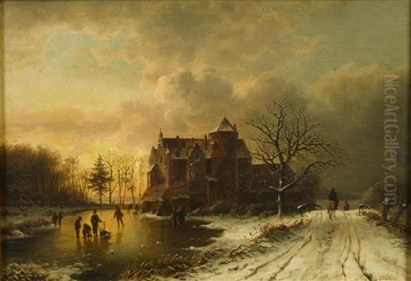 A Winter Landscape With Skaters On A Frozen Pond Oil Painting by Ludwig Munthe