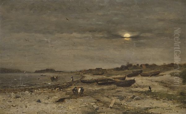 Kystlandskap Med Folkeliv Oil Painting by Ludwig Munthe