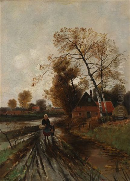 Hollandsk Landskap Med Kvinne Og Barn Oil Painting by Ludwig Munthe