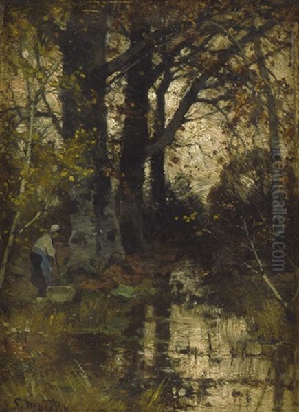 Wascherin An Einem Waldbach Oil Painting by Ludwig Munthe