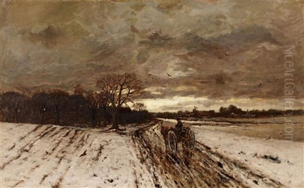 A Winter Landscape With A Horse And Cart At Dusk by Ludwig Munthe