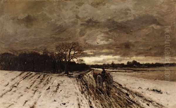 A Winter Landscape With A Horse And Cart At Dusk Oil Painting by Ludwig Munthe