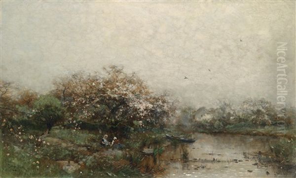 Zwei Frauen In Einer Bluhenden Teichlandschaft Oil Painting by Ludwig Munthe