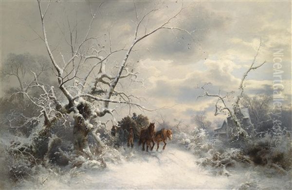 Winterlandschaft Mit Heimkehrendem Pferdefuhrwerk Oil Painting by Ludwig Munthe