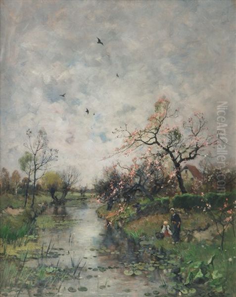 Cherry Blossom By The River Oil Painting by Ludwig Munthe