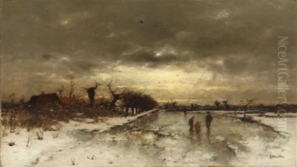 Winterlandschaft Mit Schlittschuhlaufenden Kindern Oil Painting by Ludwig Munthe