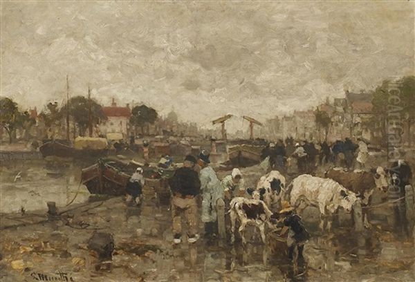 Viehmarkt Auf Der Kaimauer Einer Hollandischen Stadt Oil Painting by Ludwig Munthe