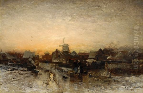 Winterliche Dorfansicht Mit Landvolk Oil Painting by Ludwig Munthe