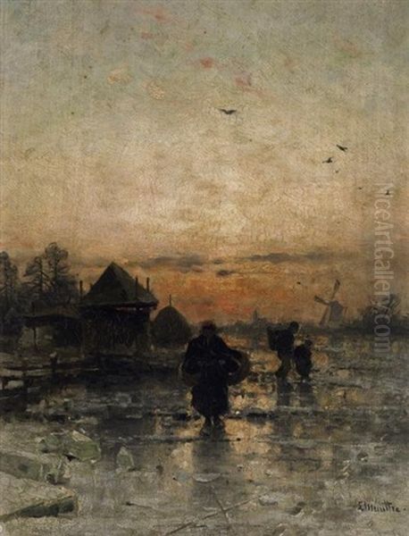 Winterabend In Holland. Auf Dem Verschneiten Weg Heimkehrende Bauersleute Oil Painting by Ludwig Munthe