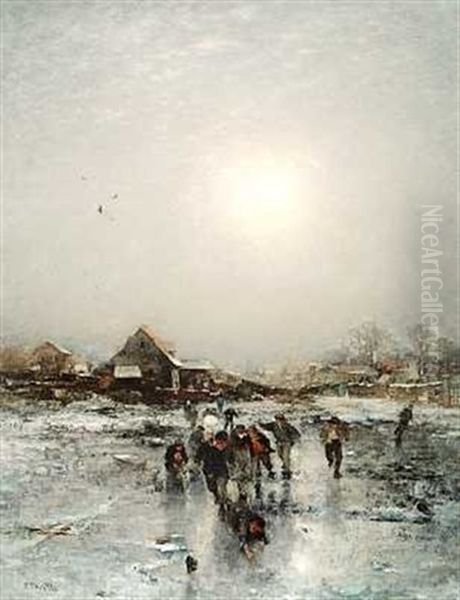 En Flok Drenge Pa Isen Ved En Sneklaedt By Oil Painting by Ludwig Munthe