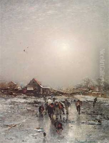 Drenge Pa Isen En Vinterdag Oil Painting by Ludwig Munthe