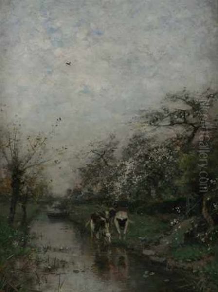 Kuhe Am Kanal Unter Bluhenden Obstbaumen Oil Painting by Ludwig Munthe