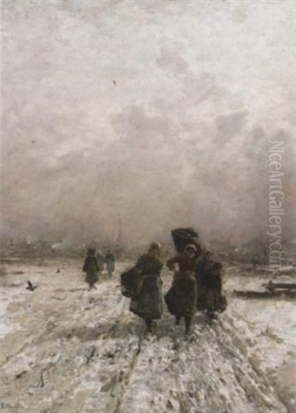 Fischersfrauen Bei Der Ruckkehr Vom Hafen. Winter Oil Painting by Ludwig Munthe