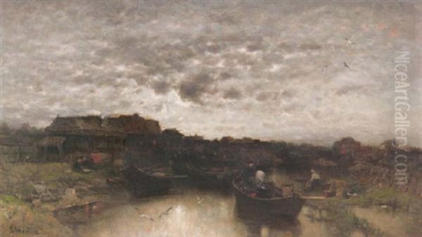 Wascherinnen Am Flusufer Vor Einer Stadt. Abendstimmung Oil Painting by Ludwig Munthe